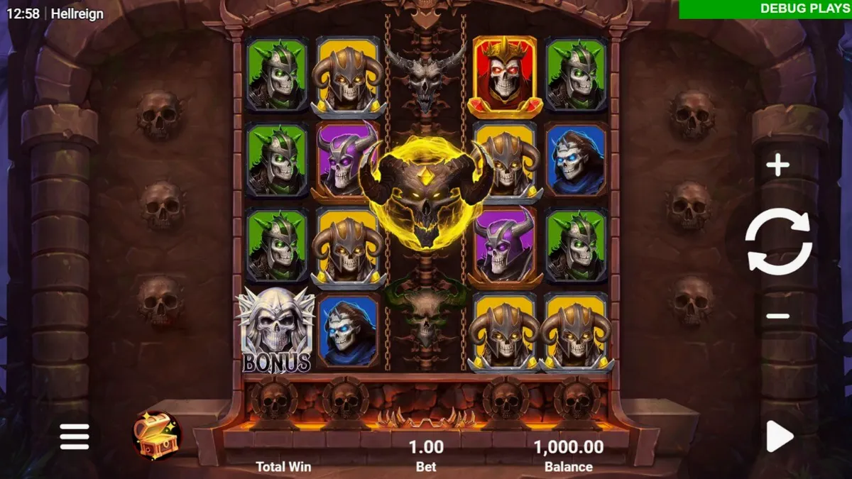Interface sombria e demoníaca do slot Hellreign Scatter Magnet