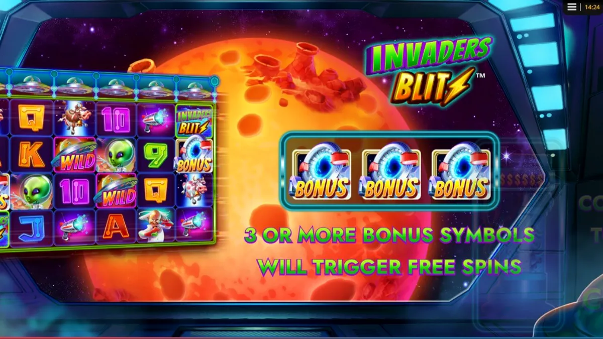 Interface do jogo de slot Invaders Blitz com temática alienígena