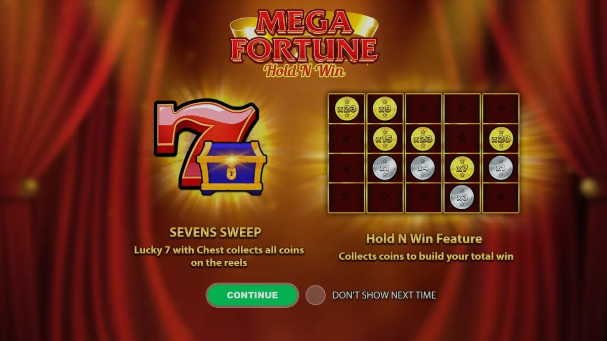 Interface do slot Mega Fortune Hold ‘n’ Win com símbolos clássicos de frutas e moedas douradas.