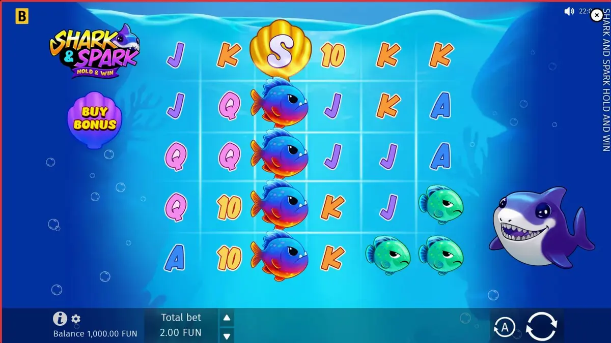 Interface colorida e animada do slot Shark & Spark Hold & Win com tema oceânico