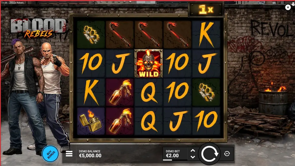 Cenário urbano e rebelde do jogo de slot Blood Rebels com elementos de luta de rua